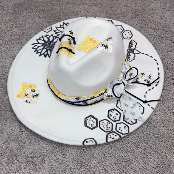 Hand burned, flat, rancher, hat, honeycomb, and bees in sunflowers - Picture 1 of 5